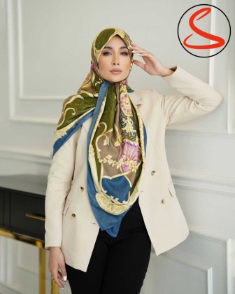 روسری ابریشم ژاکارد وارداتی زیتونی کد C25004
