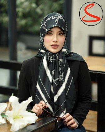 روسری ابریشم ژاکارد سفید مشکی کد C25466