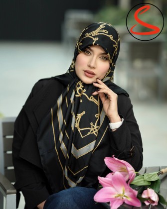 روسری ابریشم ژاکارد مشکی طلایی 2 کد C25480