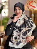 روسری ابریشم ژاکارد سفید مشکی کد C25599
