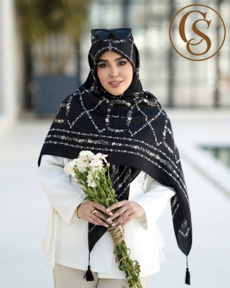 روسری نخی سیا اسکارف مشکی سفید کد C24668