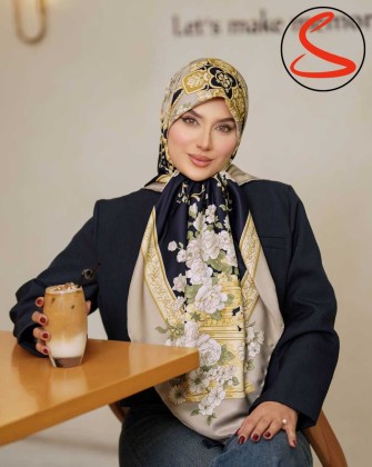 روسری توییل مجلسی سرمه ای طلایی 2 کد C24920