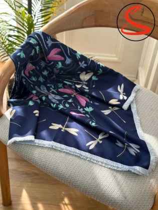 روسری ابریشم وارداتی دور ریش سرمه ای کد C24927